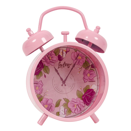 Pink floral alarm clock on a white background
