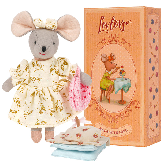 Mouse doll in a floral dress with a matching hat and box featuring the brand 'Levlovs'.